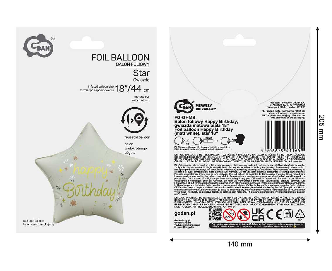 Foil balloon 18" Happy Birthday (matt white), star EOL
